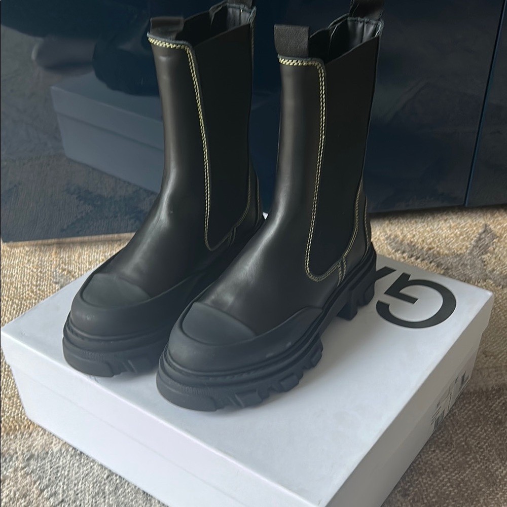 Ganni Mid Chelsea Boot with Yellow Stitching, Size 38